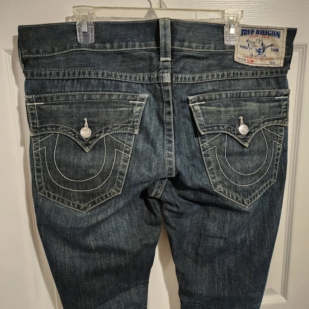 True Religion Men's Denim Blue Jeans Size 36 Slim 100% Cotton Distressed Ripped
